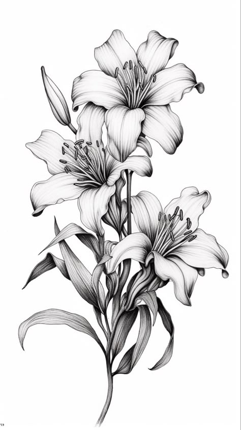 Lilies Flowers Tattoo Designs, Lily Tattoo Design Color, Lilly Tattoo Sleeve, Giglio Tattoo, Lilies Tattoo Design, Flower Tattoos Lily, White Lily Tattoo, Lilly Flower Drawing, Lily Tattoo Sleeve