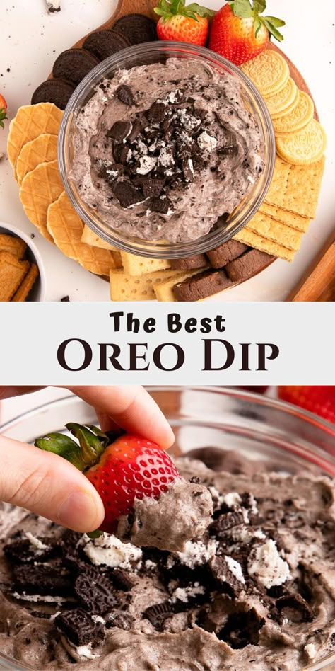 Oreo dip in bowl and with strawberry. Easy Oreo Dip, Fun Dessert Dips, 3 Ingredient Dessert Dip, Dessert Dips Gluten Free, Oreo Fruit Dip, Dip For Appetizers, Monster Cookie Dessert Dip, Oreo Fluff Dip, Dip Food Recipes