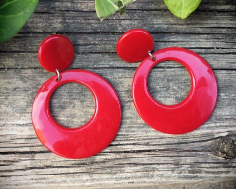 1980s Red Hoop Earrings for Women Plastic or Lucite Lipstick Red Jewelry, Mod Earrings Plastic Hoop Earrings, Retro Red Earrings For Summer, Fun Red Plastic Jewelry, Handmade Red Plastic Earrings, Hoop Earrings Outfit, 1970's Jewelry, 1980s Accessories, 1980s Memories, Red Retro Round Earrings