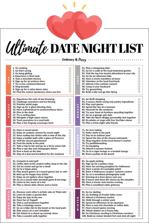 Date Ideas - The Ultimate Date Night Ideas List Date Night Checklist, Expensive Date Night Ideas, Date Night List Ideas, Plan A Date Night For Him, Date Ideas That Start With A, Date Ideas For Birthday, Cute Dating Ideas, 222 Date Idea, Types Of Dates For Couples