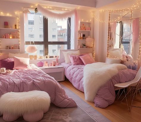 Y’all Have Set the Bar Too High on These Dorm Rooms Best Friend Dorm Room Ideas, Pink And Grey Dorm Room Ideas, Sister Shared Bedroom Ideas, Room Ideas For Two Sisters, Dorm Room Ideas Pink, Pink Dorm Room Ideas, Pink Dorm Decor, House Room Design, Dorm Decor Pink