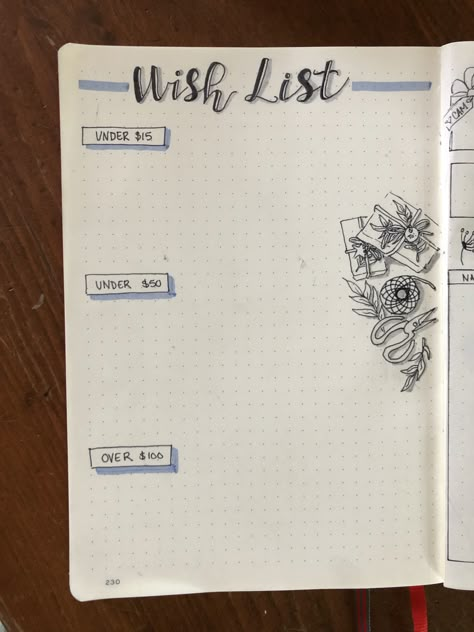 A Christmas wish list bullet journal page Christmas Wish List Layout Ideas, Bullet Journal Wishlist Ideas, Journal Wishlist Page, Wish List Ideas Aesthetic, Christmas List Bullet Journal, Wishlist Ideas Bullet Journal, Wish List Bullet Journal, Christmas Wish List Aesthetic, Wishlist Bullet Journal