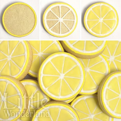 Galletas de limón / Lemon cookies | www.littlewonderland.es/… | Flickr Summer Sugar Cookies, Flooding Cookies, Royal Icing Sugar, Royal Iced Cookies, Fruit Cookies, Sugar Cookie Ideas, Iced Sugar Cookies, Spring Cookies, Summer Cookies