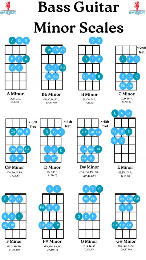 Minor Scales On The Bass Guitar (Infographic & Guide) - BassOx Basic Guitar Chords, Guitar Chords For Beginners, Chords For Beginners, Guitar Scales Charts, Tabs Guitar, Bass Guitar Notes, Bass Guitar Scales, Learn Bass Guitar, Bass Guitar Chords