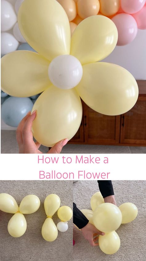 Diy Daisy Party Decorations, How To Make A Balloon Flower, Diy Daisy Balloon Garland, Balloons Flowers, How To Make Balloon Flower, Diy Daisy Birthday Decor, How To Make Daisy Balloons, Balloon Flowers Diy, How To Make A Flower Balloon