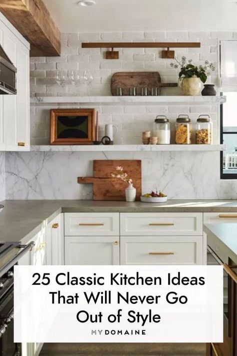 One Piece Backsplash Kitchen, Kitchen Ideas Modern Classic, Timeless Classic Kitchen Design, 2 Different Backsplashes In Kitchen, Menards Cabinets Kitchens, Kitchens That Never Go Out Of Style, Modern English Kitchen Design, Transitional Kitchen Flooring, Styles Of Kitchens