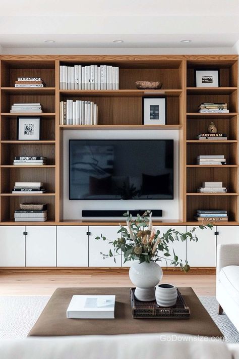 27 Bookshelves With TVs That Look Amazing Tv Cabinet Bookshelves, Tv Cabinet With Bookshelves, Wall Bookcase Living Room, Tv With Bookcases On Either Side, Library With Tv Bookshelves, Book Tv Wall, Around Tv Shelving, Billy Entertainment Center, Built In Bookshelf With Tv