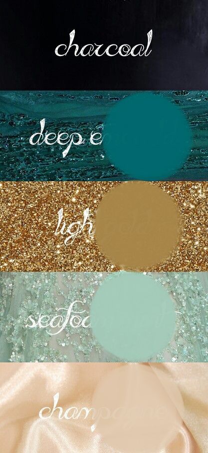 Wedding colors: Charcoal, Teal, Light Gold, Seafoam Mint, Champange Teal And Gold Color Scheme, Teal Charcoal Color Palette, Teal And Gold Palette, Colors That Go With Teal Bedroom, Colors That Go With Gold Bedroom, Dark Teal Copper Color Palette, Teal Gold Black Bedroom, Turquoise Gold Living Room, Teal Gold Brown Living Room