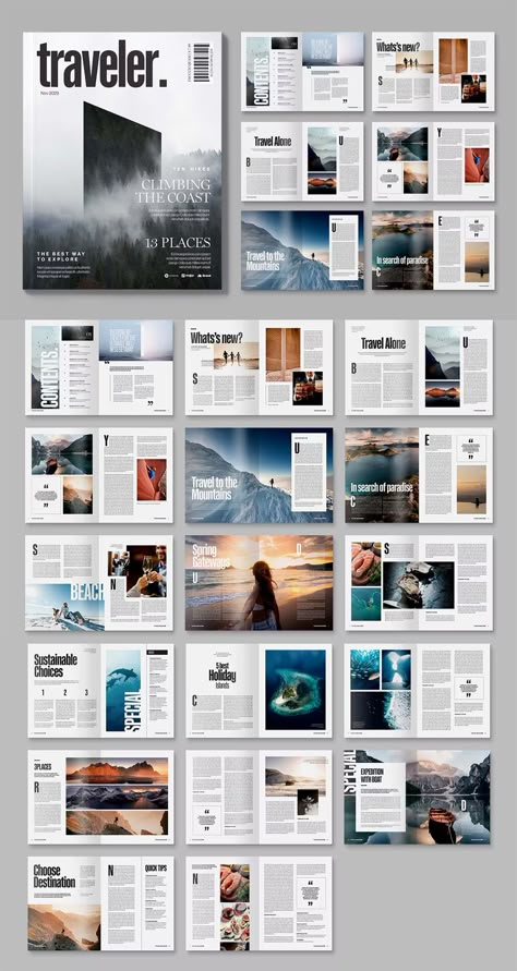 Modern Travel Magazine Template INDD Professional Magazine Layout, Magazine Ideas Inspiration, Layout Design Inspiration Magazine, Information Layout Design, Free Magazine Template, Magazine Layout Design Travel, Magainze Layout Design, Maganize Design, Magazine Cover Travel