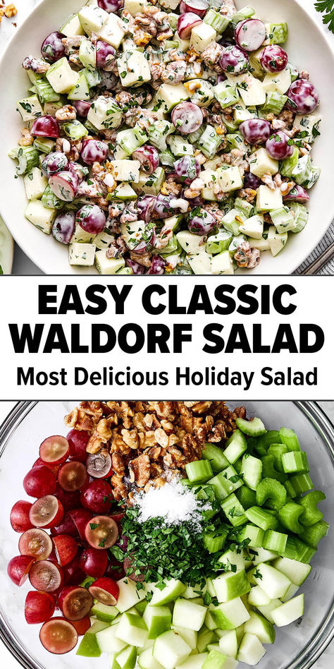 Classic Waldorf salad recipe. Healthy Salad Recipes For Christmas, Salad For Turkey Dinner, Green Salad With Fruit Recipes, Turkey Side Dishes Healthy, Nut Free Salad Recipes, Christmas Green Side Dishes, Salads With Almonds, Fresh Side Salad, Waldorph Salad