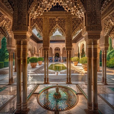 The picture shows the Court of the Lions in the Alhambra, a UNESCO World Heritage Site in Granada, Spain. It is one of the most famous examples of Moorish architecture in Spain ->> more details in ai-img-gen.com Spain Islamic Architecture, Spanish Moorish Architecture, The Alhambra Spain, Andalusian Mosque, Andalusia Architecture, Latin Architecture, Indian Courtyard, Summer Desktop Backgrounds, Lion King Wedding