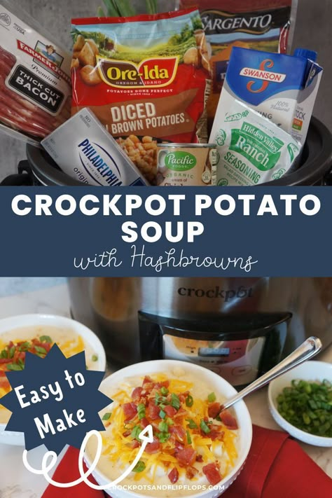 This crockpot potato soup with hashbrowns is the perfect homemade comfort food for a cold, winter day. This easy and simple slow cooker recipe creates a hearty and comforting meal that's perfect for both dinner and lunch. It's a family-friendly recipe to warm you up during chilly weather. Crockpot Potato Soup With Hashbrowns, Soup With Hashbrowns, Potato Soup With Hashbrowns, Easy Crockpot Potato Soup, Potato Soup Crock Pot Easy, Crockpot Potato Soup, Crockpot Potato, Frozen Hash Browns, Potato Soup Easy