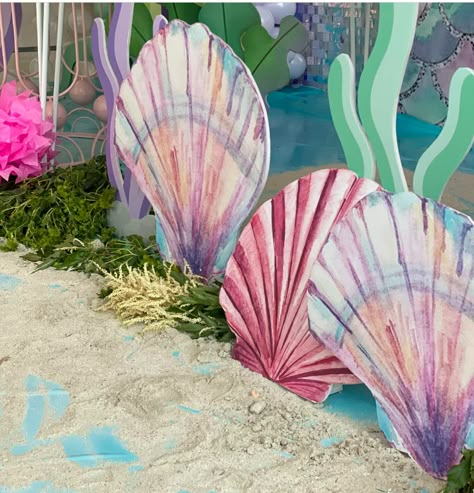 Mermaid Party Photo Op, Mermaid Backdrop Ideas Diy, Under The Sea Decorations Diy Birthday, Mermaid Party Backdrop Ideas, Under The Sea Backdrop Ideas, Atlantis Decor, Mermaid Diy Decorations, Cardboard Mermaid, Mermaid Photo Backdrop