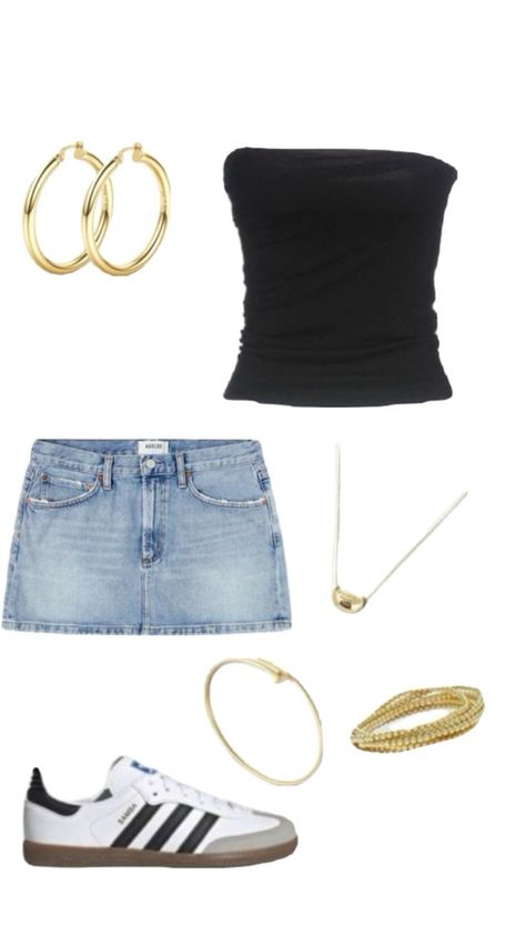 Outfit With Denim Skirt, Bandeau Outfit, Aesthetic Adidas, Adidas Gold, Tube Top Outfits, Cheap Meal Ideas, Simple Family Meals, Cheap Meal, Cheap Dinner Recipes