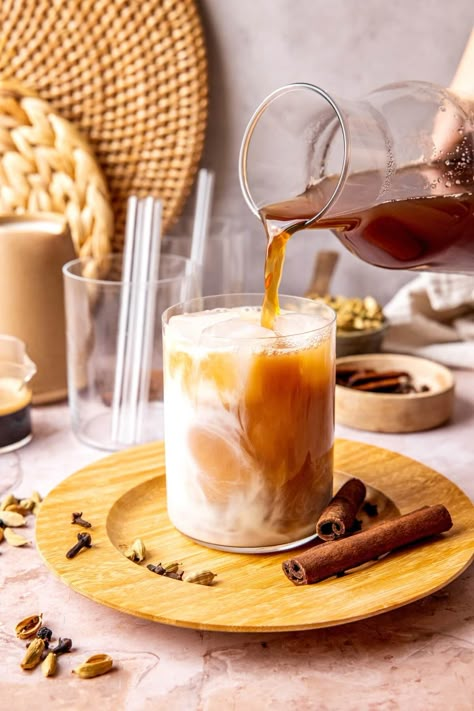 Enjoy a cup of chai tea anytime with this Homemade Chai Concentrate. Made with real spices and only sweetened with maple syrup! Birria Recipes, Chai Concentrate Recipe, Chai Concentrate, Spiced Cashews, Homemade Chai, Spicy Cashews, Healthy Recipes To Try, Iced Chai, 20 Minute Recipes