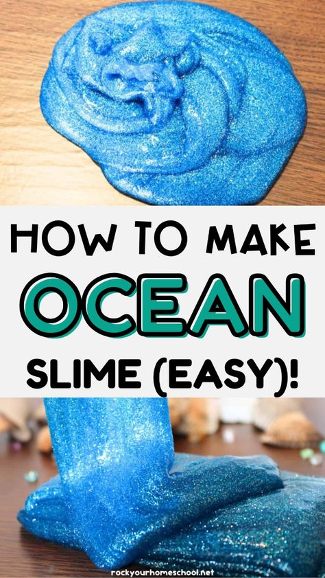 Ocean Slime is an easy clear glue slime recipe for kids! No Borax! This DIY ocean slime recipe is the perfect hands-on activity for Shark Week! #PreKHalloween #OceanThemedCrafts #SharkActivities #OceanThemecrafts Preschool Ocean Theme Crafts, Water Week Crafts, Steam Ocean Activities, Beach Experiments For Kids, Ocean Slime Recipe For Kids, Ocean Theme Stem Activities, Ocean Theme Camp Activities, Ocean Activities Middle School, Ocean Themed Science Activities For Kids