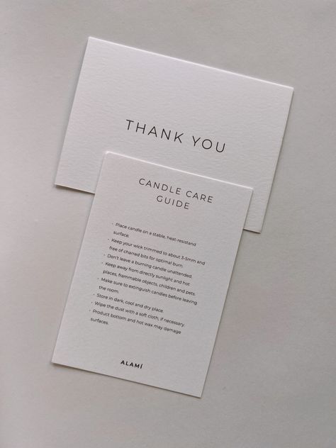 Thank you card & Candle care guide Care Guide Card Design, Thank You Card Candle, Candle Packaging Aesthetic, Branding Thank You Card, Candle Care Cards, Candle Package Ideas, Candle Thank You Card, Candle Marketing Ideas, Candle Business Cards