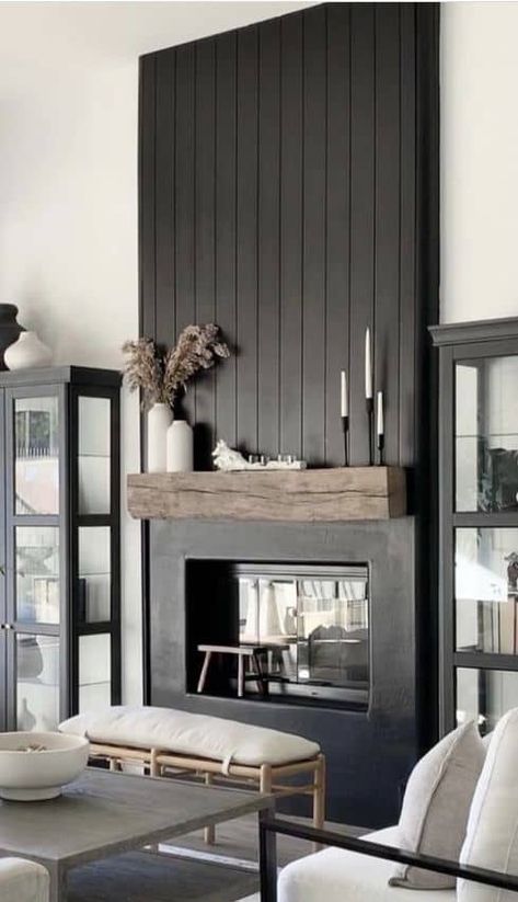 Black And Wood Fireplace Surround, Black Trim Fireplace, Vertical Panel Fireplace, Tricorn Black Tv Wall, Black Fireplace With Shiplap, Black Fireplace Wall Shiplap, Vertical Plank Fireplace, Bedroom Shiplap Fireplace, Rooms With Black Fireplaces