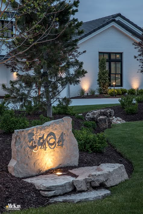 Entry Driveway Landscape, Drive Way Landscape Ideas, Rock With Address House Numbers, Address Numbers On Rock, House Number On Stone, House Numbers In Yard, House Number Landscape Ideas, Landscape For Driveway Entrance, Modern Farmhouse Exterior Landscaping