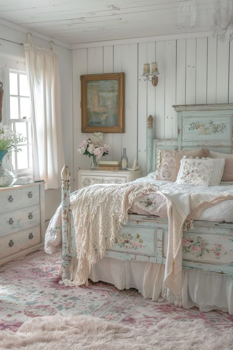 Shabby Chic Blue Bedroom, Blue Shabby Chic Bedroom, Modern Shabby Chic Bedroom, Shabby Chic Bedroom Ideas, Beachy Bedroom Decor, Vintage Shabby Chic Bedroom, Summer Bedroom Ideas, Chic Bedroom Ideas, Shabby Chic Apartment