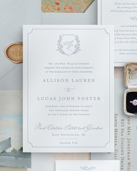 Our semi custom wedding invitations will capture the timeless elegance of your special day. Inspired by Victorian style, our invitation cards feature stunning crests, personalized wedding monograms and custom venue illustrations. This wedding invitation suite is perfect for a black tie wedding, luxury venue event, or a classic elopement ceremony.PRINTING METHODS & PAPERWe offer letterpress wedding invitations and gold foil stamped invitations as well as debossed and embossed invitations. For mor Wedding Invitation Border Design, Traditional Wedding Stationary, Classic Formal Wedding Invitations, Wedding Monogram Invitation, Wedding Stationary Suites, Elegant Black Tie Wedding Invitations, Classic Wedding Invitation Suite, Emboss Wedding Invitation, Wedding Invitation Suite Ideas