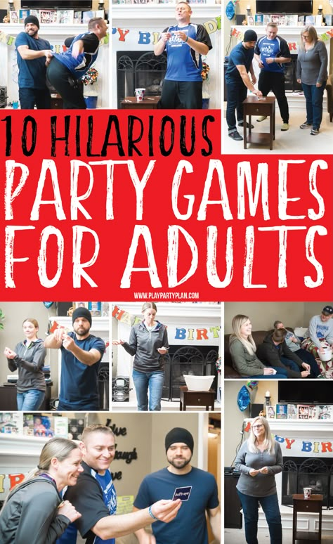 10 hilarious party games for adults that would work great for teens or for groups too! Play indoor or outdoor at a family reunion or birthday party! It doesn’t matter, they’re funny either way! And best of all, no drinking or alcohol required! Hilarious Party Games, Party Games Group, Fun Games For Adults, Indoor Birthday Parties, Birthday Games For Adults, Games Group, Funny Party Games, Party Games For Adults, Outdoor Party Games