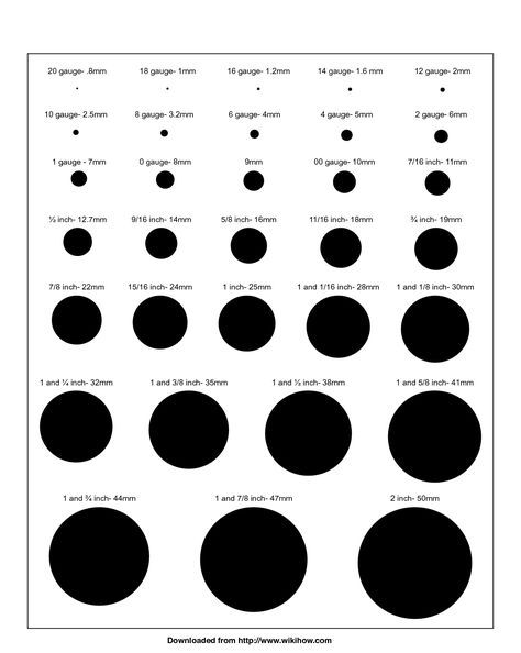 Printable Gauge Chart - wikiHow A good chart to determine gauge or size of what you want or have. Plug Sizes Chart Ear Gauges, Resin Plugs Gauges Diy, Ear Gauges Sizes Chart, Ear Gauge Sizes Chart, Gauge Size Chart, Gauges Size Chart, Ear Gauge Sizes, Gauges Piercing, Dangle Gauges