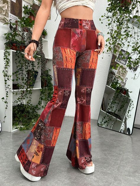 ROMWE PUNK Grunge Patchwork Print Flare Leg PantsI discovered amazing products on SHEIN.com, come check them out! All Over Print Pants, Retro Vintage Outfits, Cochella Outfits, 70s Clothing, Printed Flare Pants, Tiktok Outfits, Fabric Patchwork, Square Pants, Viking Woman