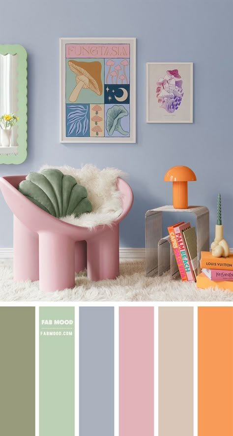 whimsical color palette, pastel living room, blue wall living room, blue and pink living room, pastel color ideas for living room Colourful Pastel Living Room, Color Wall Room Ideas, Wall Pastel Color Ideas, Pastel Interior Color Palette, Pastel Color Palette Interior Design, Home Office Pastel Colors, Living Room Designs Pastel Colors, Tropical Pastel Aesthetic, Interior Pastel Colors