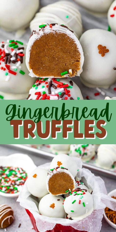 M&m Gingerbread Snowballs, No Bake Gingerbread Truffles, Gingerbread Cookie Truffles, Gingerbread Balls No Bake, Gingerbread Cake Balls, Christmas Balls Recipe, Gingerbread Truffles Easy, Christmas Balls Dessert, Edible Christmas Gifts Homemade Easy