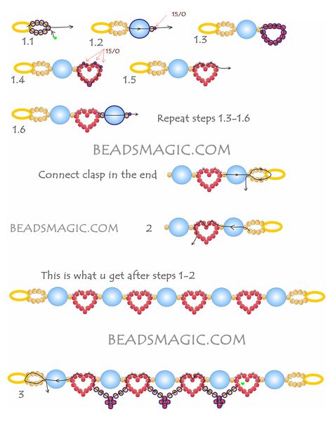 Seed Beads Patterns Free, Heart Beaded Bracelets Pattern, Beaded Bracelets Tutorial Heart, Seed Bead Chain Patterns, Heart Bracelet Pattern Beads, Seed Bead Patterns Heart, Heart Beading Pattern, How To Make A Heart Bead Bracelet, How To Make Beaded Heart