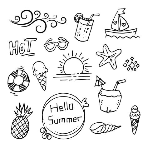 Premium Vector | Set doodle summer vector illustration Summer Doodles Aesthetic, Summer Bujo, Work Doodles, Jane Maday, Summer Doodles, Notebook Therapy, Marker Coloring, Summer Umbrella, Sand Bucket