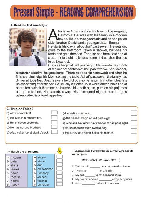 Esl Reading Comprehension Worksheets, Reading Comprehension For High School, Middle School Reading Worksheets, Reading Text For Intermediate, Grammar Exercises Worksheets, Grade 5 English Worksheets Reading Comprehension, Present Simple Reading Comprehension, Reading Comprehension Grade 8, Reading Comprehension Grade 5