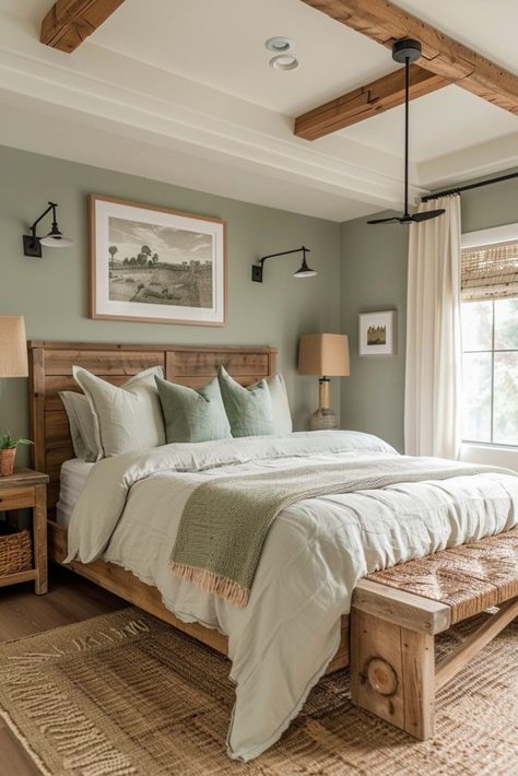 29 Sage Green Farmhouse Bedroom Ideas for a Refreshing Retreat 12 Sage Green Natural Wood Bedroom, Green Earth Tones Bedroom, Sage Rustic Bedroom, Bedroom Ideas Green And Wood, Rustic Wooden Bedroom Ideas, Earth Tone Master Bedrooms Decor, Rustic Farmhouse Guest Bedroom, Hobo Style Bedroom, Natural Guest Bedroom