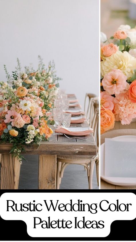 A beautiful rustic wedding color palette featuring peach, coral, light gray, and greenery, styled with wooden accents and soft floral details. Pink And Green Fall Wedding, Cottagecore Wedding Color Palette, Spring Wedding Colors Schemes Rustic, Earth Tone Color Palette Wedding, September Wedding Colors Rustic, Boho Wedding Colors Palette, Rustic Wedding Color Palette, Sunset Color Palette Wedding, Coral And Gray Wedding