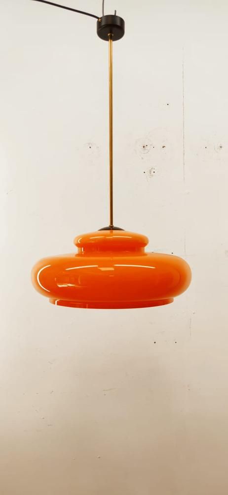 Orange Polycarbonate Pendant Lamp | Chairish Apartment Lamps Living Rooms, Orange Glass Pendant Light, Orange Ceiling Light, 70s Lighting Fixtures, Light Orange Walls, Lanterns In Bedroom, 60s Lamp, Hygge Lighting, Mood Lighting Living Room