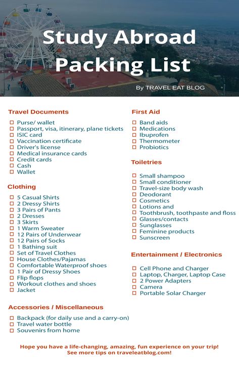 I put together this Study Abroad Packing List of everything you need when you go on a study abroad. Abroad Aesthetic, Study Abroad Packing List, Study Abroad Packing, Abroad Packing List, College Packing Lists, Travel Packing Checklist, Semester Abroad, College Packing, Packing Hacks