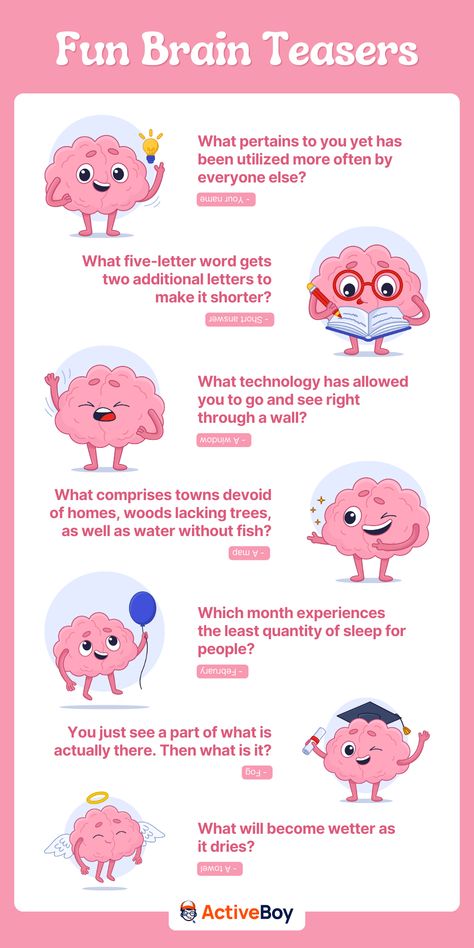 Fun Brain Teasers Riddles With Answers Funny Brain Teasers, Fun Questions For Kids, Fun Brain Teasers, Brain Teaser Questions, Printable Brain Teasers, Yt Ideas, Funny Riddles With Answers, Brain Teasers With Answers, Brain Teasers For Kids