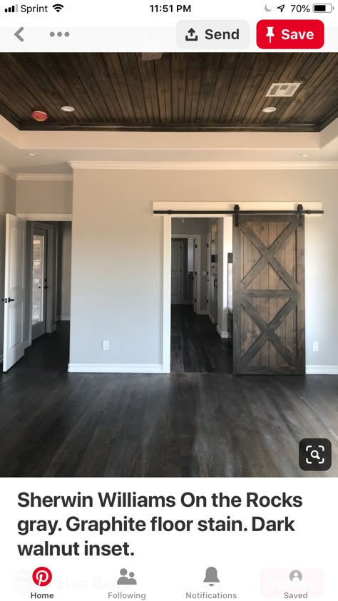 Barn Door Grey Walls, Barn Door With Dark Wood Floors, Barn Doors With Gray Floors, Dark Grey Wood Floors Bedroom, Grey Walls With Dark Wood Floors, Brown Flooring Grey Walls, Barn Door Colors With Gray Walls, Dark Wood Floors Gray Walls, Interior Bedroom Colors