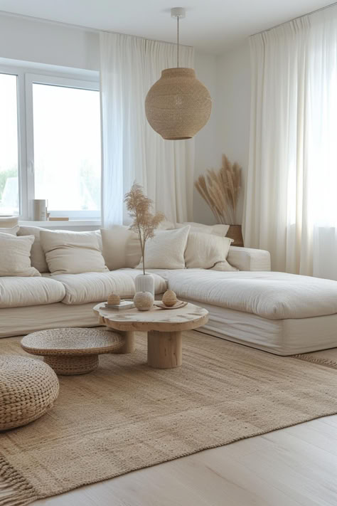 Modern Boho Apartment Decor, Serene Apartment Aesthetic, Clean Aesthetic Home Decor, Tulum Decor Inspiration Living Room, Modern Boho Minimalist Living Room, Big White Living Room, Boho Decorations Living Room, White Sofas Living Room Ideas, California Apartment Decor