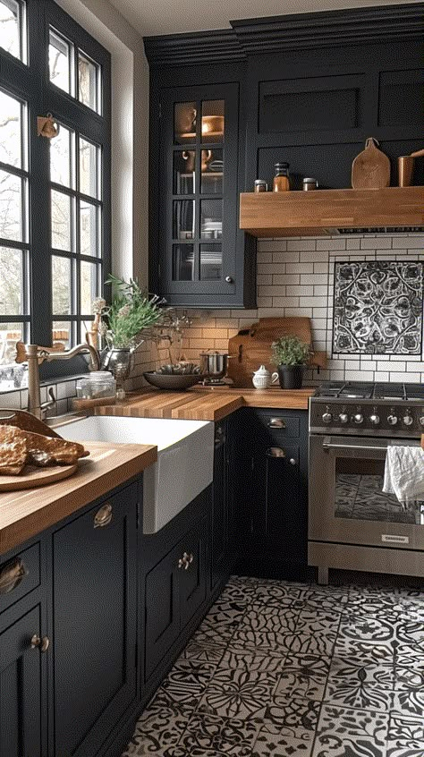 30 Dark Grey Kitchen Cabinets Designs: The Ultimate Guide Small Dark Kitchen Ideas, Moody Home Interior, Dark Farmhouse Decor, Dark Farmhouse Kitchen, Dark Grey Kitchen Cabinets, Moody Kitchen, Dark Grey Kitchen, Black Kitchen Cabinets, Classic Kitchen