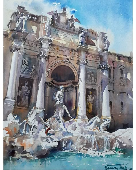 Watercolor on handmade paper ( painting for sale ) Something different.. Let me know your views Paper size - A3 ( 30 * 42 cm ) 300 gsm… | Instagram Baroque Building, Watercolor Italy, Italy Paintings, Rome Painting, Trevi Fountain Rome, Architecture Baroque, Artwork Watercolor, Watercolor Architecture, Trevi Fountain