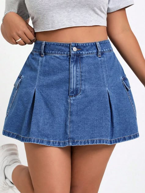 SHEIN EZwear Plus Size Fashionable Folded & Pleated & Flap Pocket Design Denim Skirt With Cargo StyleI discovered amazing products on SHEIN.com, come check them out! Pleated Denim Mini Skirt, Pleated Denim, Skirt With Pockets, Skirts With Pockets, Denim Mini, Denim Mini Skirt, Sports Equipment, All Fashion, Mini Skirt