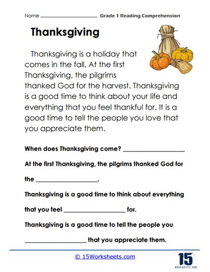 Thanksgiving Day Worksheet - 15 Worksheets.com Thanksgiving Reading Comprehension, 1st Grade Reading Worksheets, 1st Grade Reading, Thanksgiving Readings, Halloween Classroom Decorations, Grade 1 Reading, Holiday Science, Short Paragraph, Kindergarten Social Studies