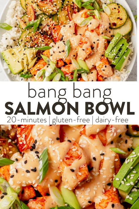 Bang Bang Salmon is the perfect weeknight dinner option when you need something quick and delicious that the whole family will love. Cook the salmon in 10-12 minutes for a quick weeknight dinner or meal prep them for lunches the next day. Salmon Salad Bowls Healthy, Macro Friendly Salmon Bowl, Baked Salmon Meal Prep, Salmon Meal Prep Bowls, Sushi Bowl With Salmon, Whole 30 Salmon Bowl, Spicy Salmon Bowl Air Fryer, Salmon Sushi Bowls Healthy, Sweet Chili Salmon Bowl