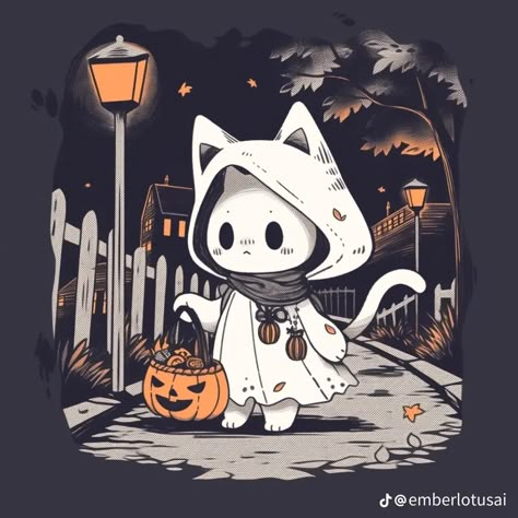 Cute Pfp Halloween, Autumn Pfp Anime, Halloween Aesthetic Cat, Kawaii Ghost Drawing, Cute Halloween Pfp, Cat In Ghost Costume Drawing, Spooky Cats Drawing, Halloween Cat Backgrounds Wallpapers, Cute Spooky Cat Drawing