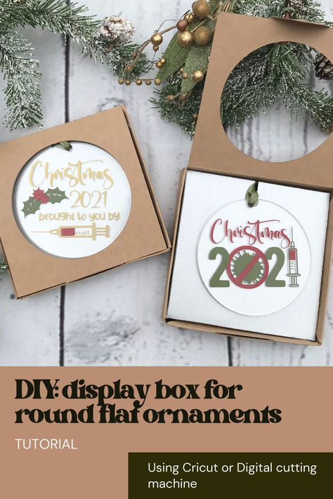 Transform your holiday gifts into something truly special with our DIY Flat Ornament Box Tutorial! 🎄✨ Learn how to create custom boxes for flat acrylic ornaments using your Cricut machine. Perfect for adding a personal touch to your decorations, gifting cherished ornaments, or selling at craft shows. #DIYOrnamentBox #CricutCrafts #HolidayGifts How To Package Ornaments To Sell, Cricut Ornament Box, Ornament Packaging Ideas, Ornament Display Craft Show, Cricut Ornament Ideas, Acrylic Ornaments Diy, Cricut Ornaments, Diy Display, Box Tutorial