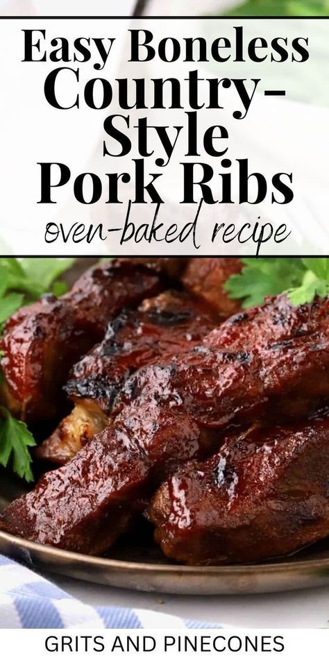 Boneless country-style pork ribs are an easy, delicious option for dinner this summer. Whether you’re craving a hearty meal on a quiet night in or planning a backyard barbecue with friends and family, these oven-baked ribs are sure to satisfy. Try this simple method and enjoy the most flavor-packed pork ribs ever! Bbq Pork Country Style Ribs Oven Baked, Boneless Southern Style Pork Ribs, Country Ribs Oven Boneless, Boneless Country Style Ribs In Oven, Boneless Rib Recipes, Boneless Bbq Ribs In The Oven, Pork Country Style Ribs Recipes, How To Cook Pork Ribs, Boneless Pork Rib Recipes