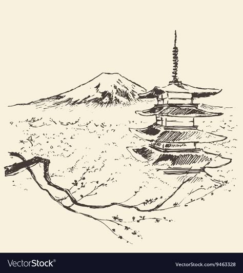 Japan Fuji Mountain, Japanese Architecture Drawings, Japanese Sketch, Gunung Fuji, Sketch Tips, Mountain Sketch, Japanese Mountains, Japanese Pagoda, Japanese Shrine