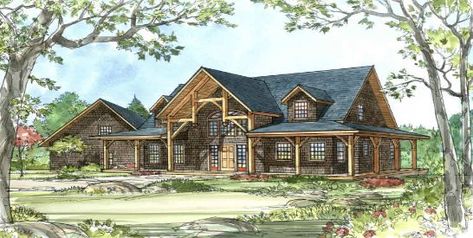 The Clarkson Place Timber Frame Floor Plan by Timbercraft features a wrap-around timbered porch in the front, wrap-around deck in the back and hammer beam entry--all before you enter the front door. Big Log Cabin, Log House Plans, Log Cabin House Plans, Log Cabin House, Log Home Plan, Design Of House, Log Home Designs, Log Home Floor Plans, Log Home Plans